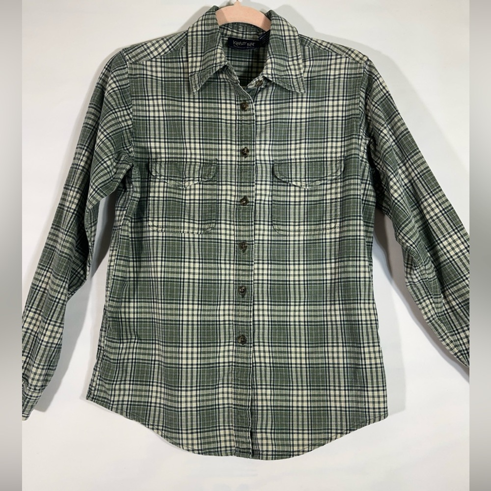 KRAZY KAT FLANNEL BUTTON UP SHIRT 100% COTTON POCKETS WOMEN‎ SZ S GREEN PREOWNED